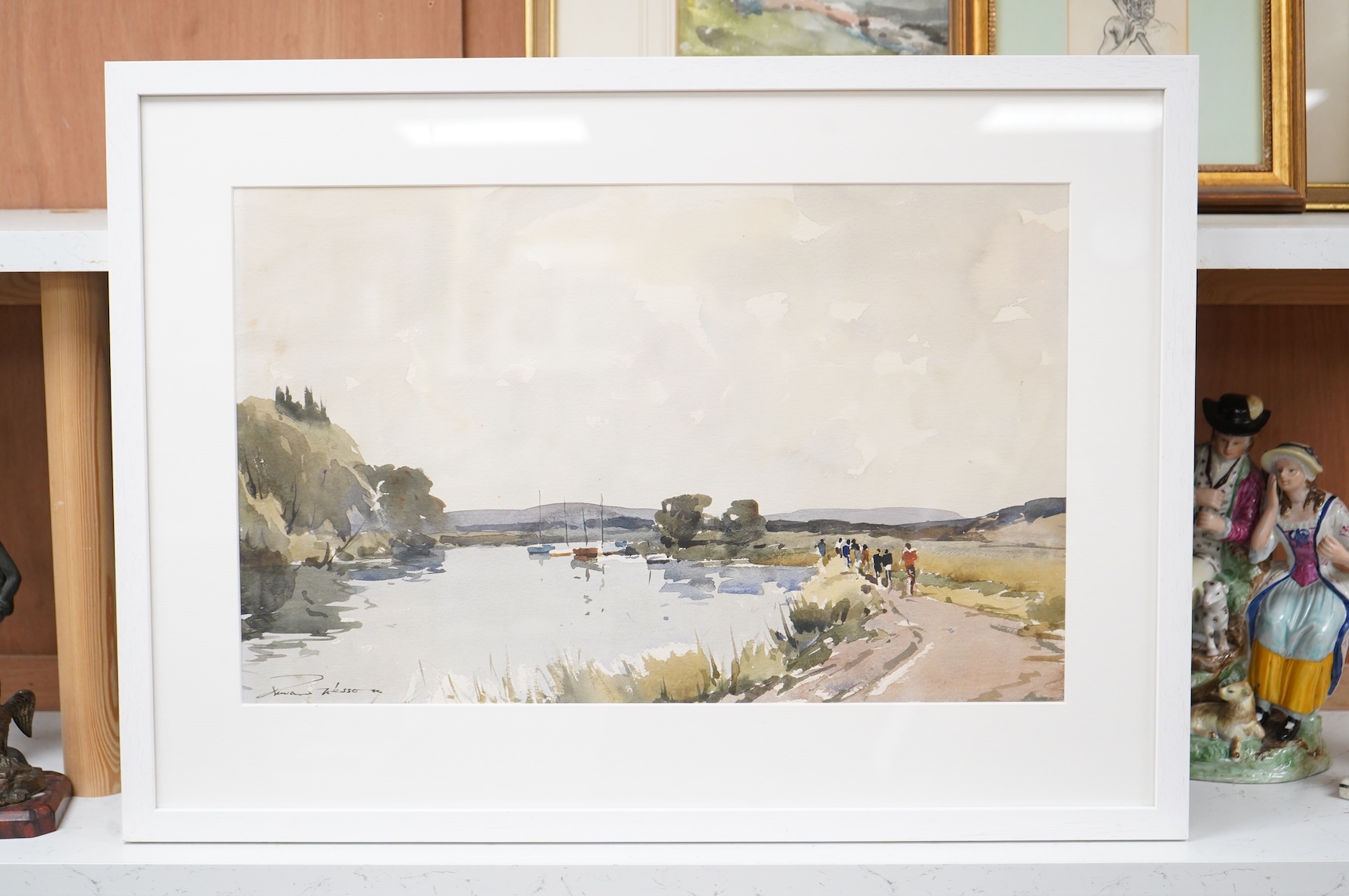 Edward Wesson RI RSMA (1910-1983), Riverscape with figures and fishing boats, signed, watercolour, 31 x 50cm